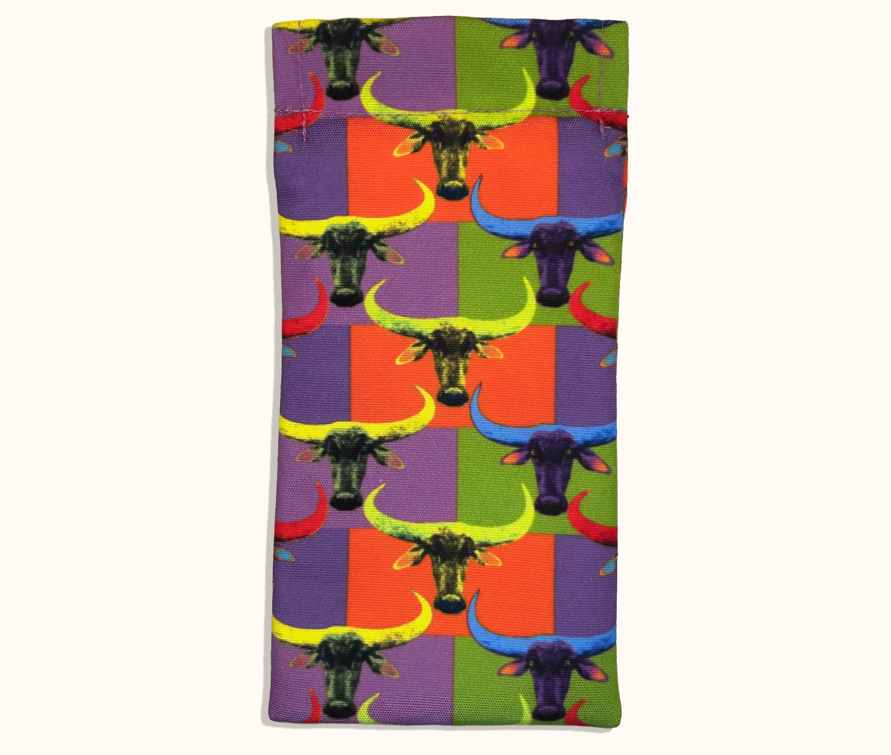 Canvas glasses slip case with bright pop art pattern featuring water buffalo heads in a variety of colours