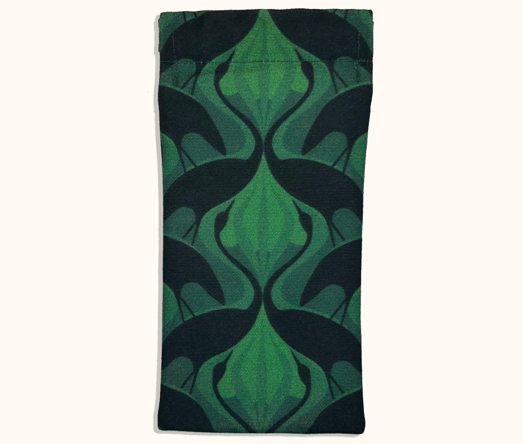 Canvas glasses slip case featuring a silhouette of facing dancing brolgas in an art nouveau inspired pattern in forest green
