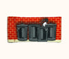 Canvas glasses slip case featuring a white ibis poking its head up behind four metal rubbish bins lined up against a red brick wall.
