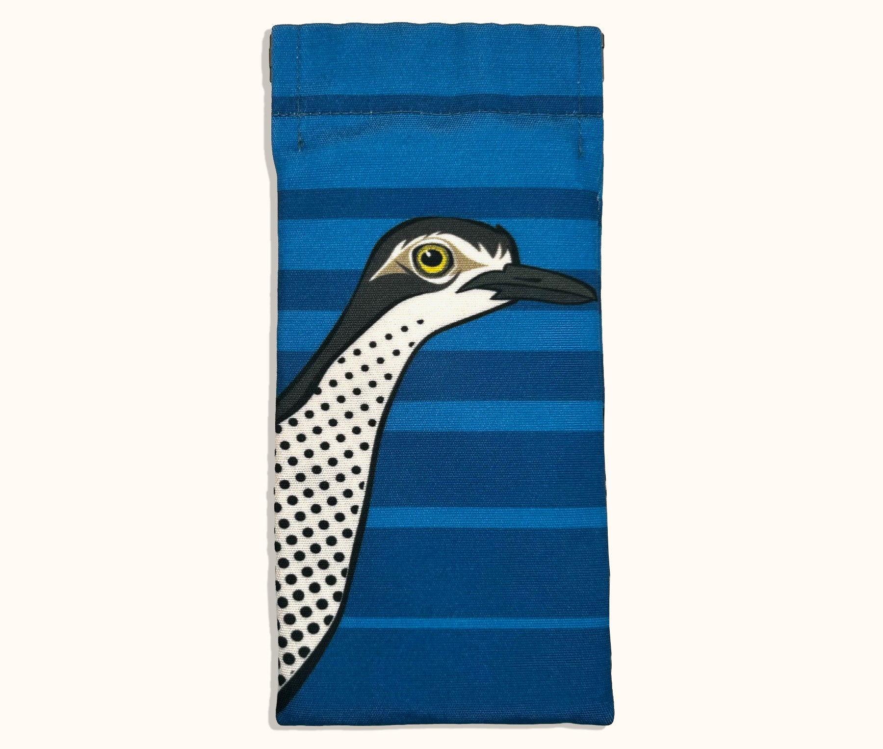 Canvas glasses slip case featuring a pop art bush stone curlew on a striped blue background.