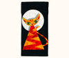 Canvas glasses slip case with a stylised orange stripey cat on a black background with a large white full moon behind its head.