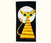 Canvas glasses slip case with a stylised yellow and tan stripey cat on a black background with a large white full moon behind its head.