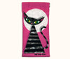 Canvas glasses slip case featuring a stylised black and grey striped cat on a bright pink background with a large white full moon behind it.