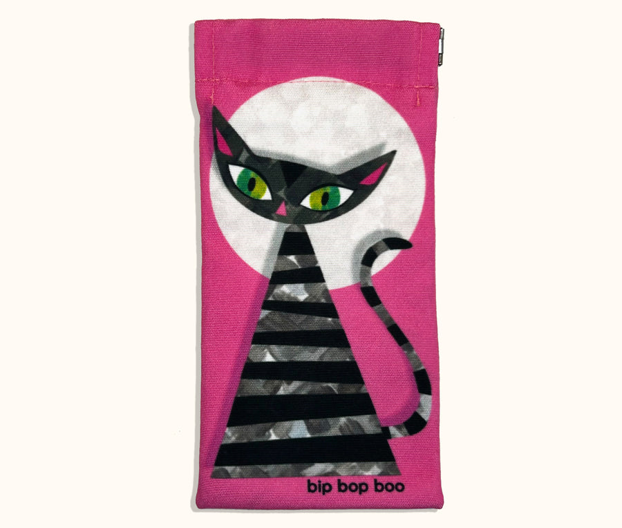 Canvas glasses slip case featuring a stylised black and grey striped cat on a bright pink background with a large white full moon behind it.