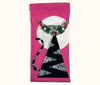 Canvas glasses slip case featuring a stylised black and grey striped cat on a bright pink background with a large white full moon behind it.