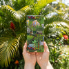 Canvas glasses slip case featuring hand drawn tropical style houses surrounded by lawns and tropical trees.
