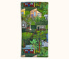 Canvas glasses slip case featuring hand drawn tropical style houses surrounded by lawns and tropical trees.