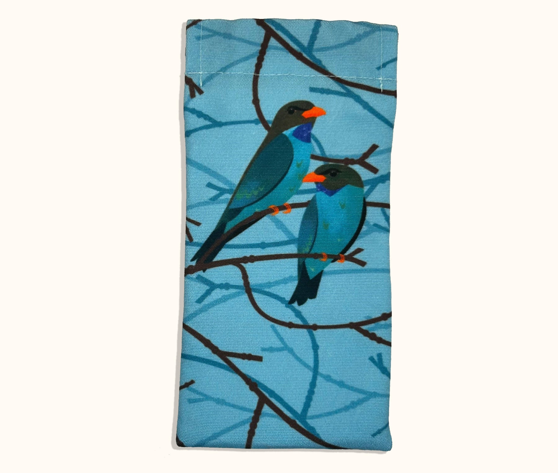 A canvas glasses slip case featuring an illustration of two oriental dollar birds on a blue background with branch patterns.