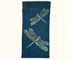 Canvas glasses slip case featuring pale blue stylised dragonflies on a dark blue patterned background