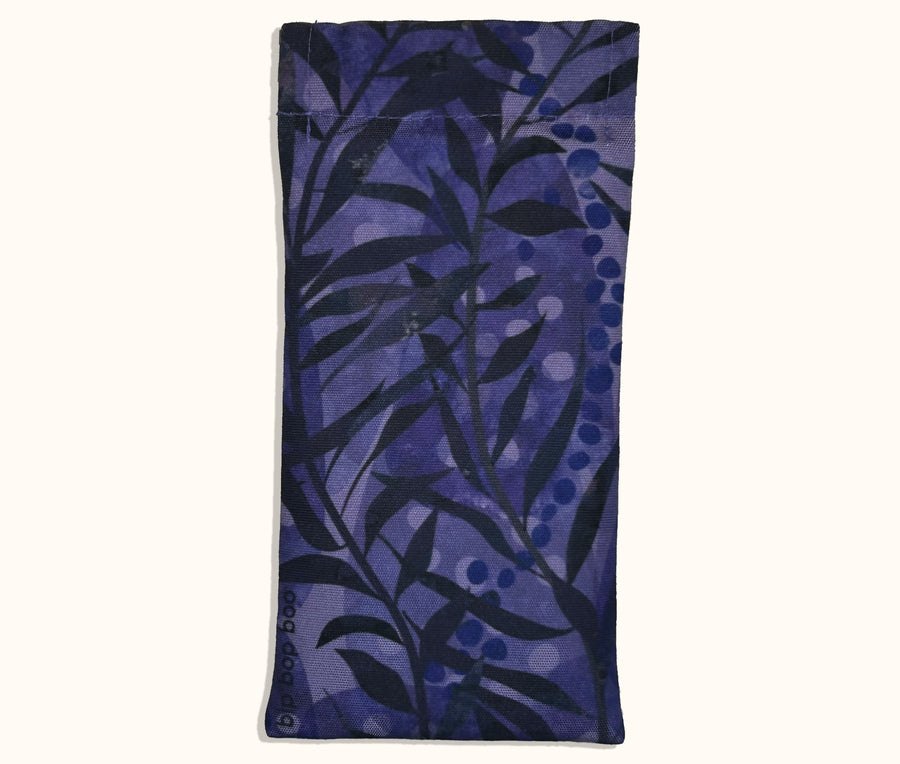 Canvas glasses slip case featuring a leafy pattern of deep sea kelp with bubbles in purples