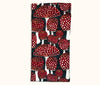 Canvas glasses slip case covered in red mushrooms with white spots on a dark teal green background.