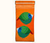 Canvas glasses slip case featuring very round and highly stylised blue-faced parrotfinches on an orange background