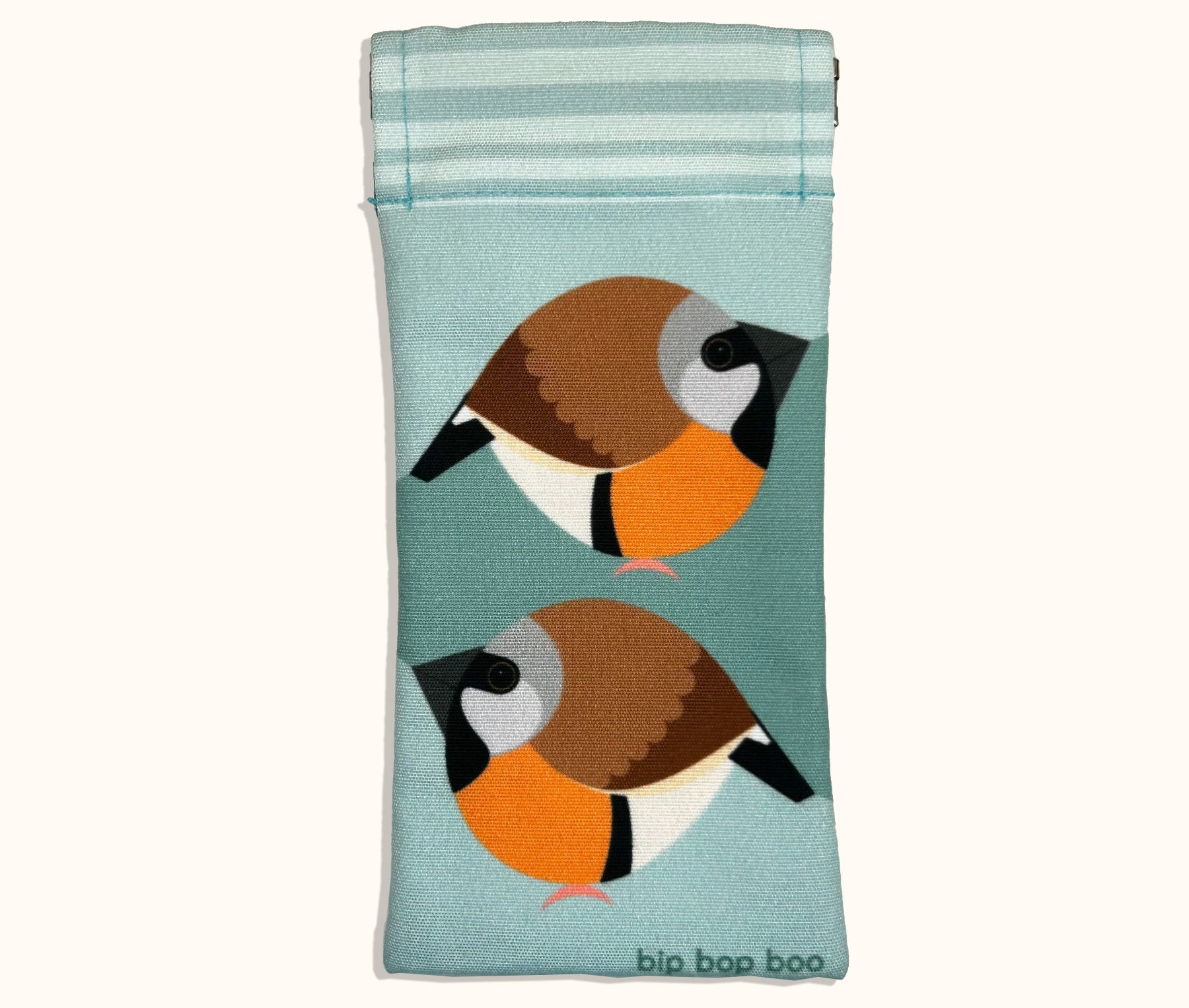Canvas glasses case featuring two highly stylised and very round black throated finches on a pale blue background