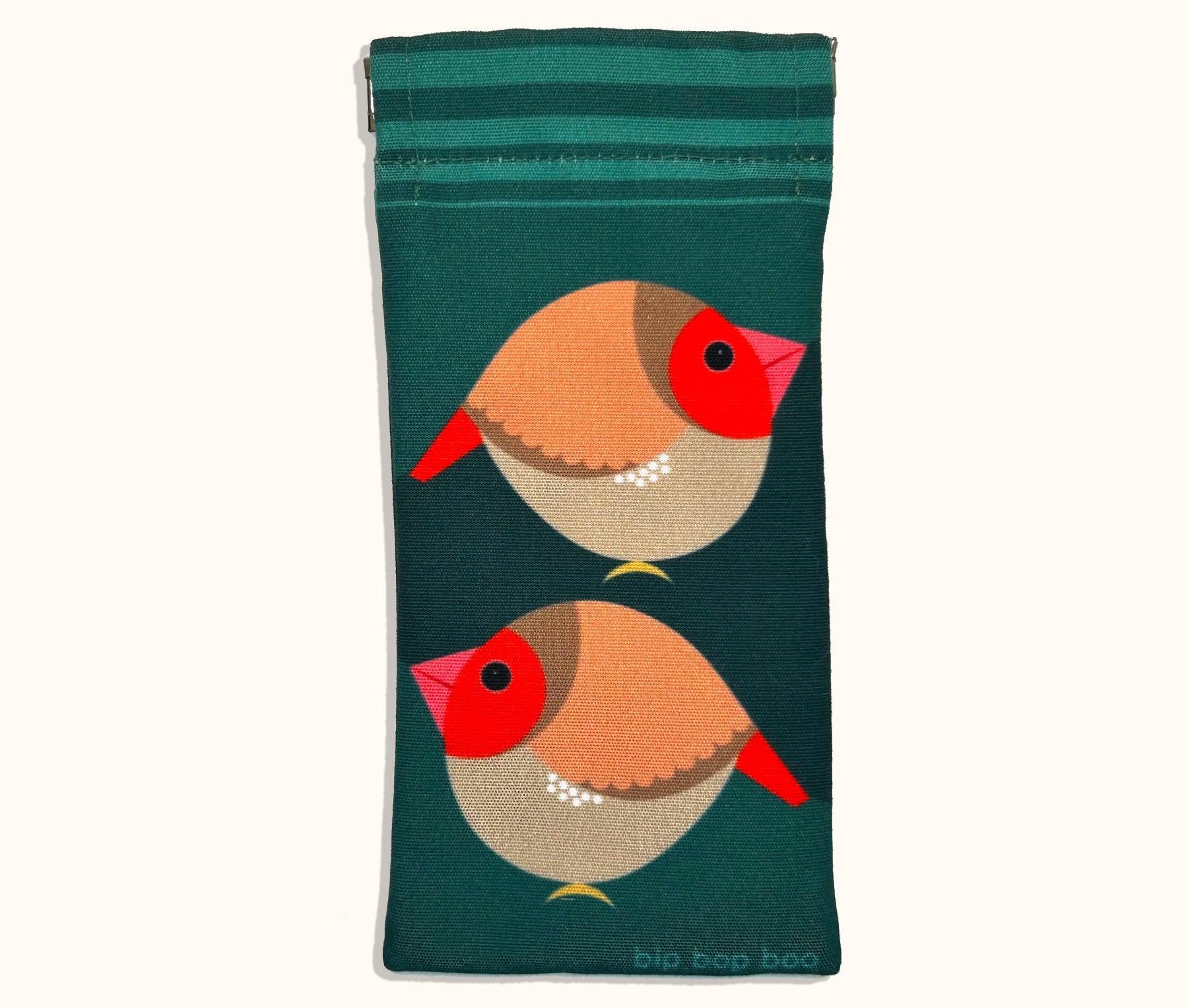 Canvas glasses slip case featuring two very round and highly stylised female crimson finches on a teal green background
