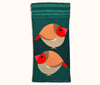 Canvas glasses slip case featuring two very round and highly stylised female crimson finches on a teal green background
