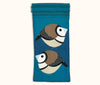 Canvas glasses slip case featuring two very round and highly stylised double barred finches on a blue background