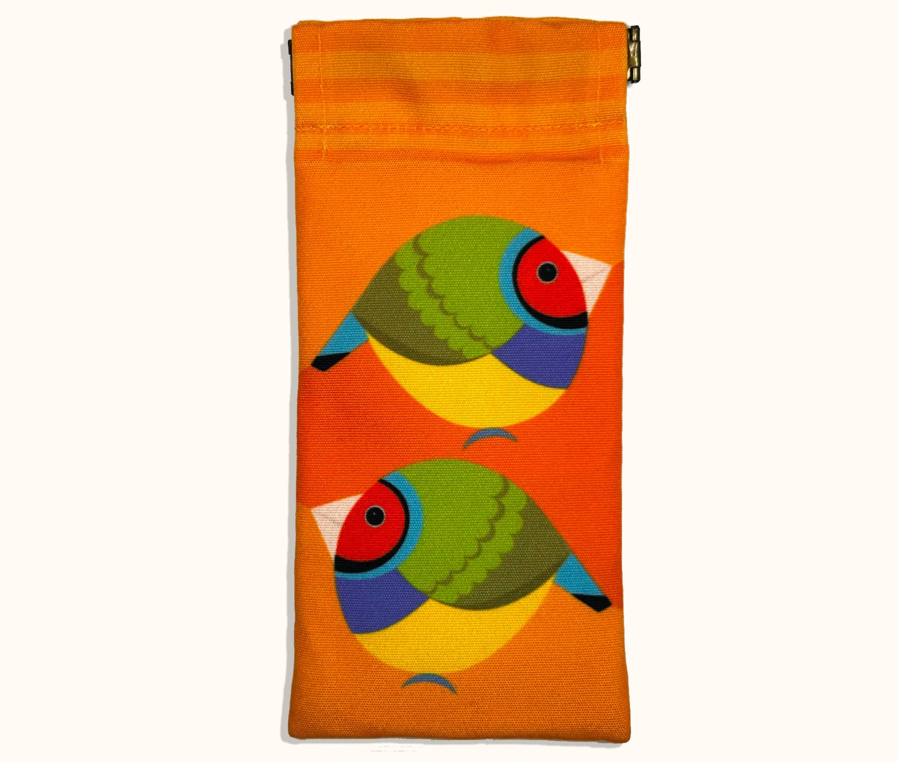 Canvas glasses slip case featuring two very round stylised gouldian finches with red faces on an orange background
