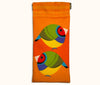 Canvas glasses slip case featuring two very round stylised gouldian finches with red faces on an orange background