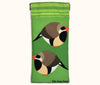 Canvas glasses slip case featuring two very round and highly stylised long-tailed finches on a green background