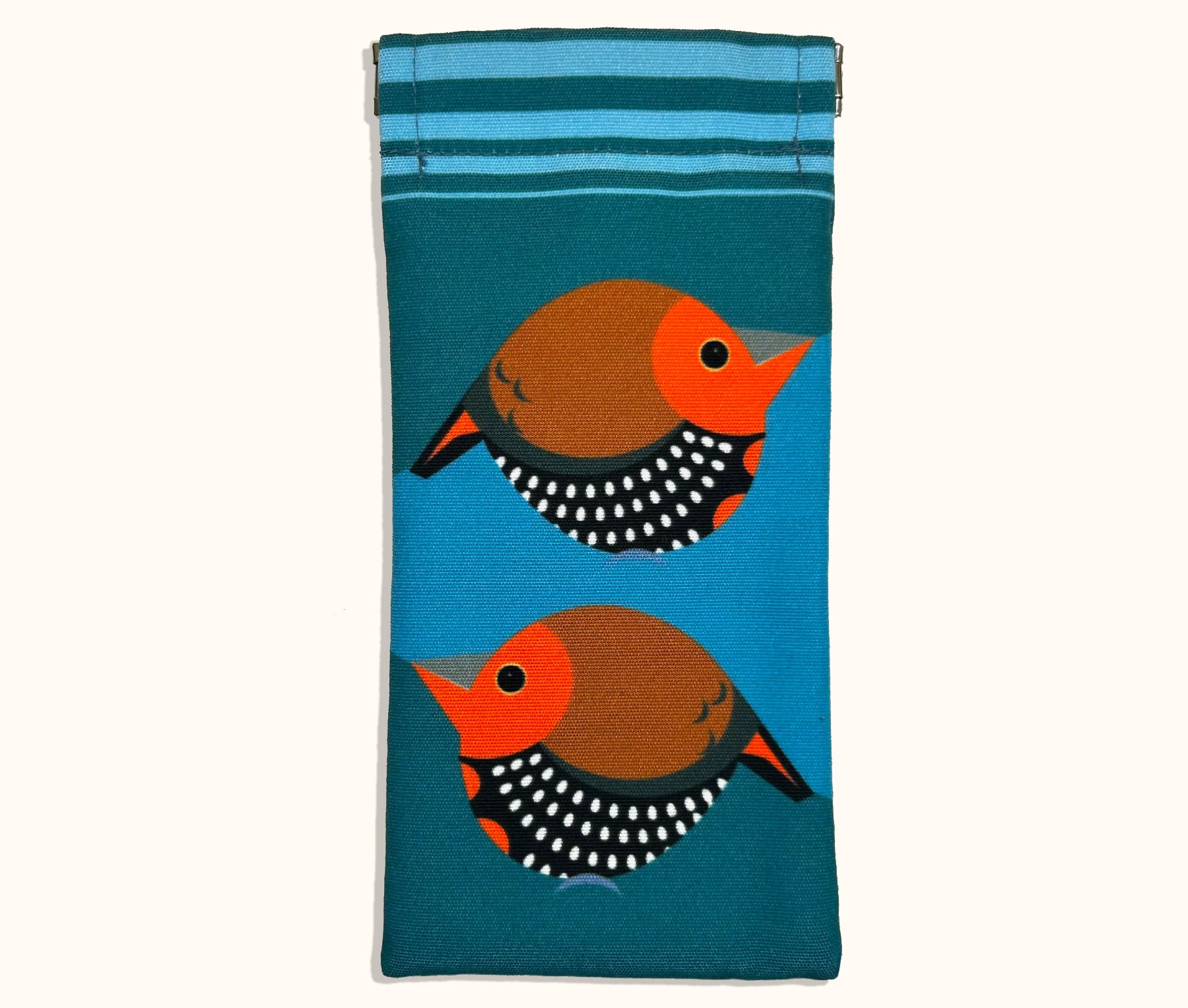 Canvas glasses slip case featuring two very round highly stylised painted firetail finches on a blue background