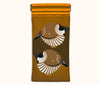 Canvas glasses slip case featuring two very round highly stylised plum-headed finches on a mustard background