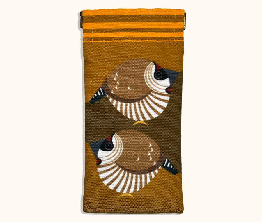 Canvas glasses slip case featuring two very round highly stylised plum-headed finches on a mustard background