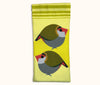 Canvas glasses slip case featuring two very round highly stylised red-browed finches on a yellow background