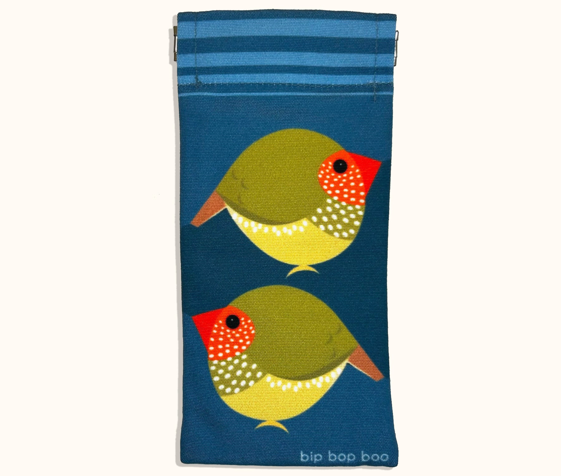 Canvas glasses slip case featuring two very round and highly stylised star finches on a blue background