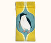 Canvas glasses slip case featuring a stylised fairy penguin within a blue and yellow ogee pattern