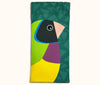 Canvas glasses slip case featuring a large Gouldian finch with a black face against a teal background of triangles