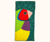 Canvas glasses slip case featuring a large Gouldian finch with a red face against a teal background of triangles