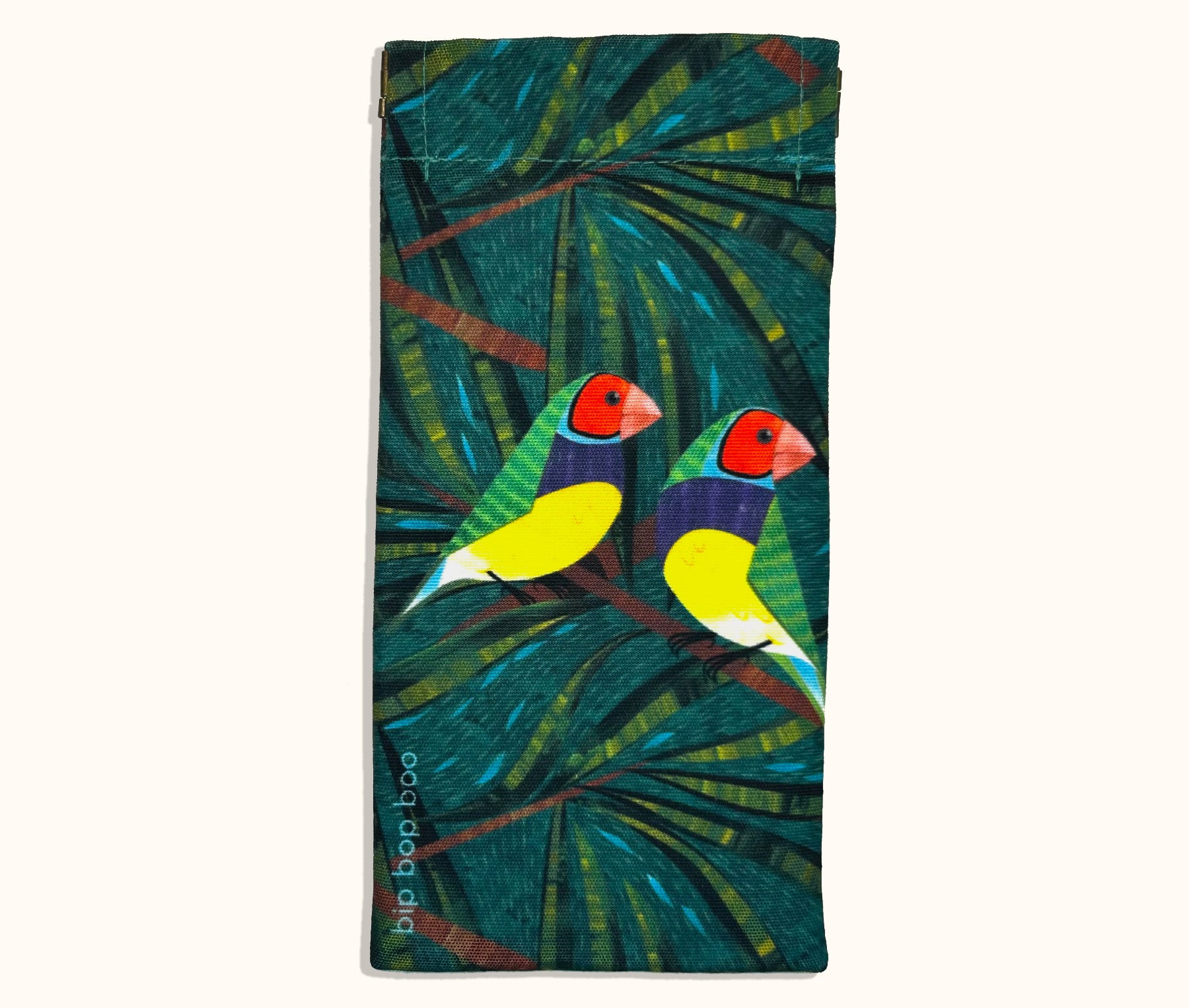 Canvas glasses slip case featuring two stylised gouldian finches on a branch against a leafy teal and green background