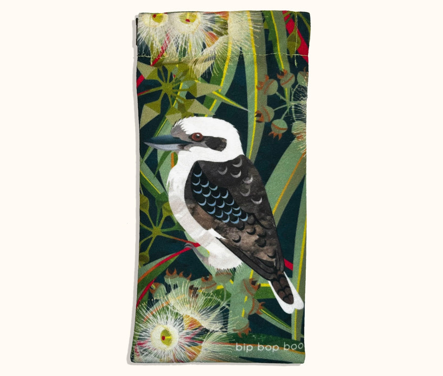 Canvas glasses slip case featuring a laughing kookaburra in a flowering river red gum