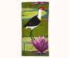 Canvas glasses case featuring a stylised comb crested jacana on a green background of sacred lotus lily pads and pink flowers
