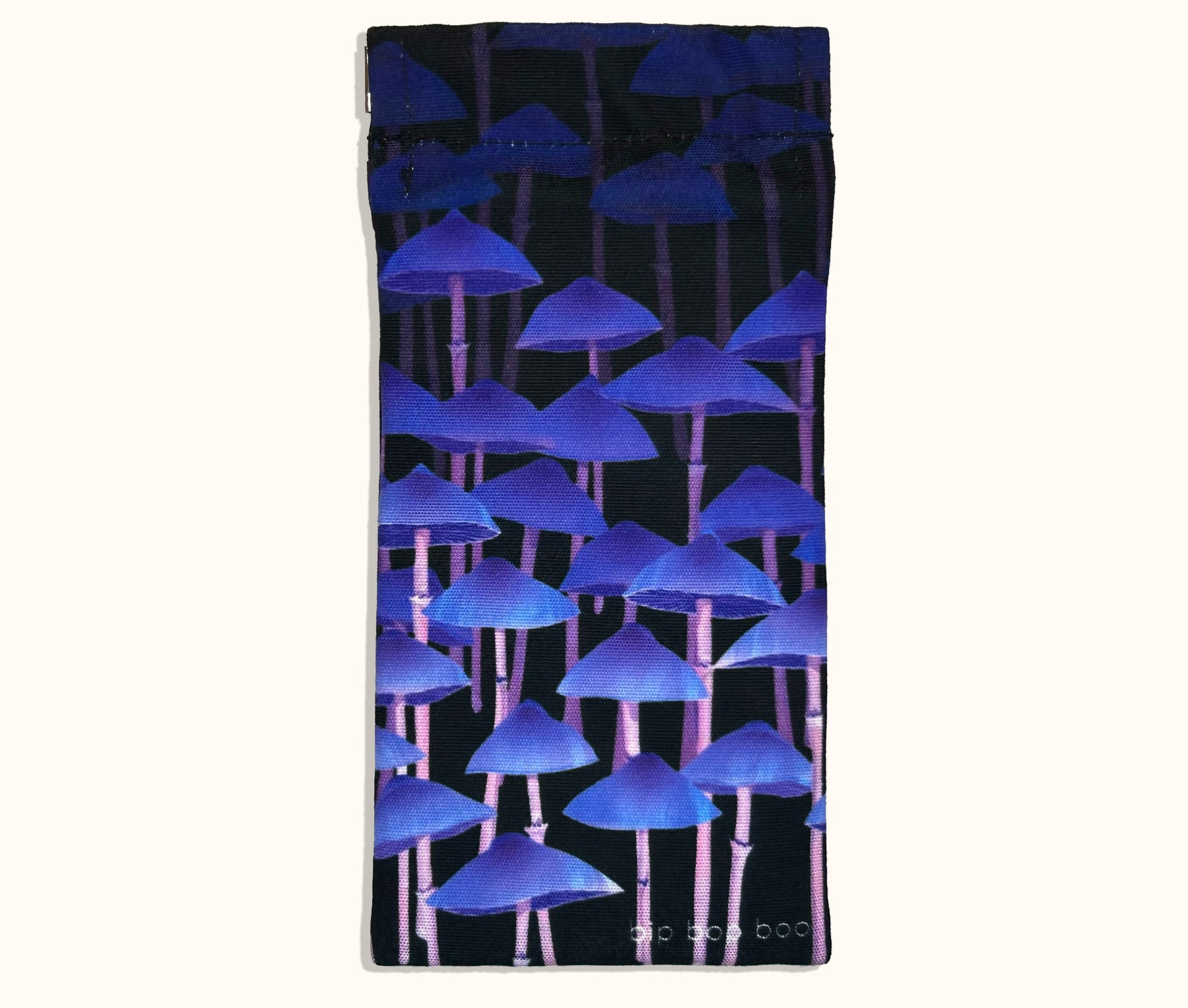 A canvas glasses slip case showing rows of tall purple mushrooms against a black background