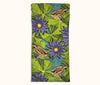Canvas glasses slip case featuring a pattern of striped rocket frogs on waterlily pads with purple waterlily  flowers