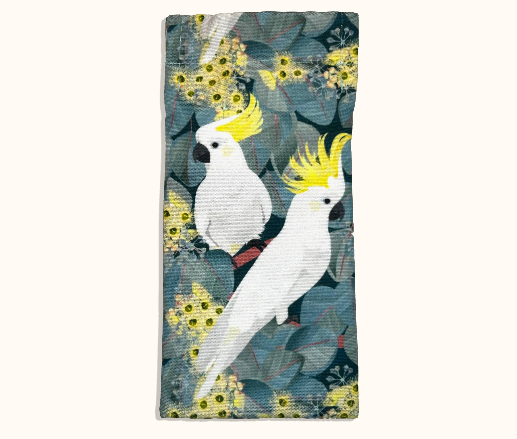 Canvas glasses slip case featuring two sulphur crested cockatoos perched in Red Box tree.
