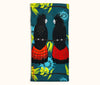 Canvas glasses slip case featuring a stylised pair of red-tailed black cockatoos perched in a wattle on  teal green/blue background