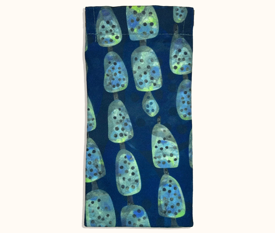 Canvas glasses case featuring a semi abstract design based on bubbleweed in blues and greens