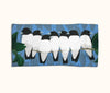 Canvas glasses slip case featuring stylised white breasted woodswallows bunched up together sitting on a branch against a blue pattern of leaves.