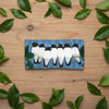 Canvas glasses slip case featuring stylised white breasted woodswallows bunched up together sitting on a branch against a blue pattern of leaves.
