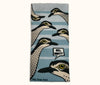 Canvas glasses slip case featuring several pop art bush stone curlews with a speech bubble saying 'Well, what?' against a pale blue striped background.