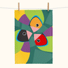bright linen tea towel with three large stylised Gouldian finches against a green background