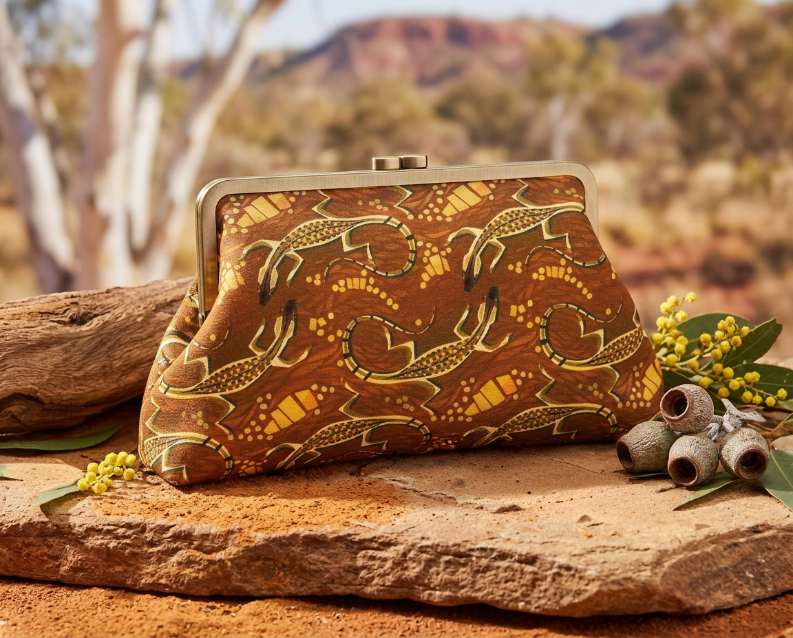 kisslock clutch purse with a goanna pattern in browns, beige and gold