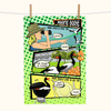 linen tea towel printed with a comic book style layout showing magpie geese eating mangos or being eaten themselves