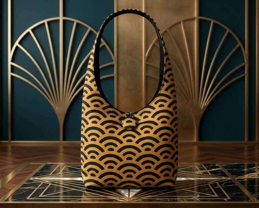 Black and bronze fan pattern hobo-style shoulder bag with button closure