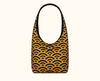 Black and bronze fan pattern hobo-style shoulder bag with button closure