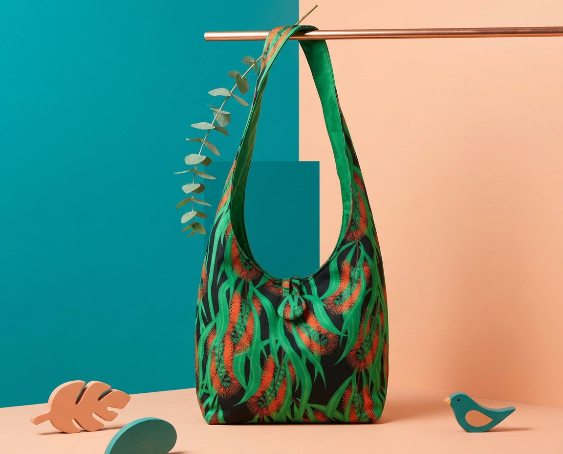 canvas shoulder bag with red callistemon flowers and green leaves on a black background