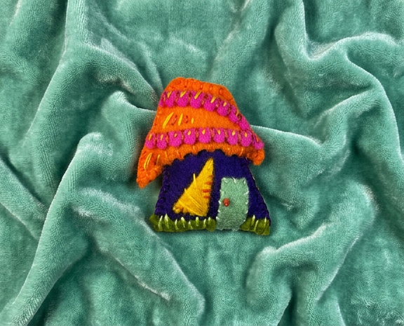 Quirky house felt brooch in purple, orange, yellow and pink