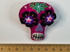 Hot pink sugar skull brooch with black and purple flower eyes